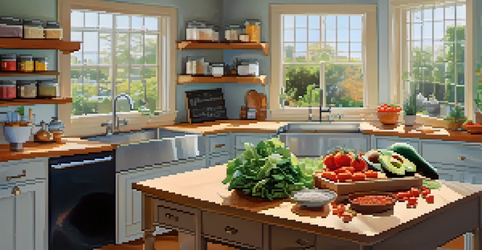 A bright and colorful kitchen with fresh ingredients for balanced meal prep, showcasing vegetables, proteins, and organized jars.