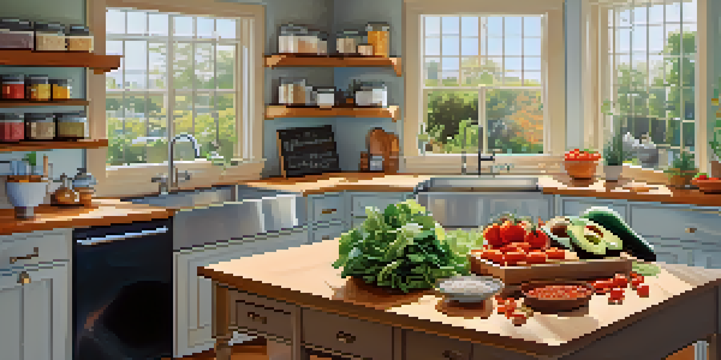 A bright and colorful kitchen with fresh ingredients for balanced meal prep, showcasing vegetables, proteins, and organized jars.