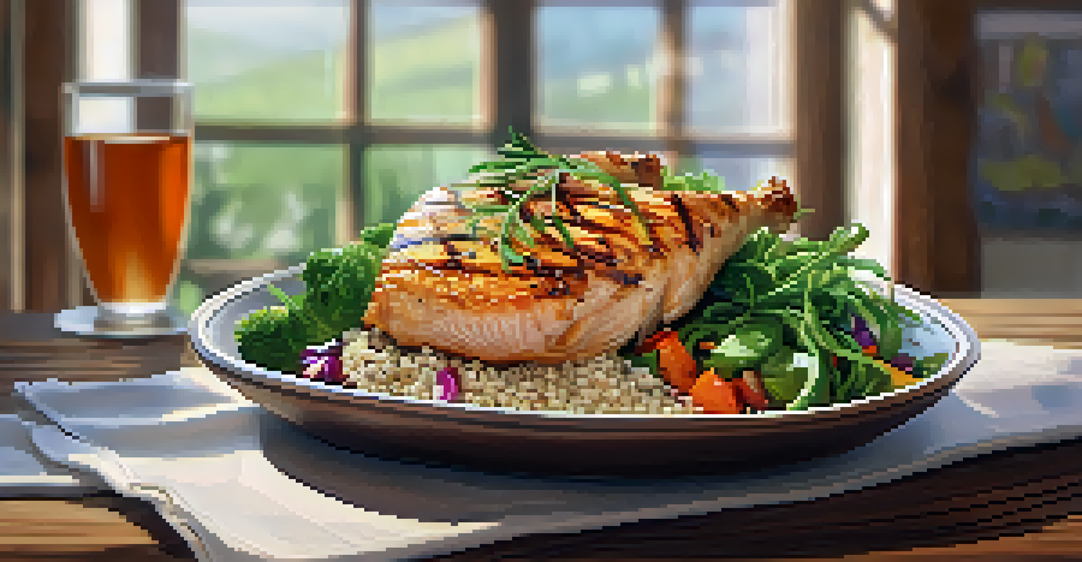 A nutritious post-workout meal with grilled chicken, quinoa, and colorful vegetables on a rustic table.
