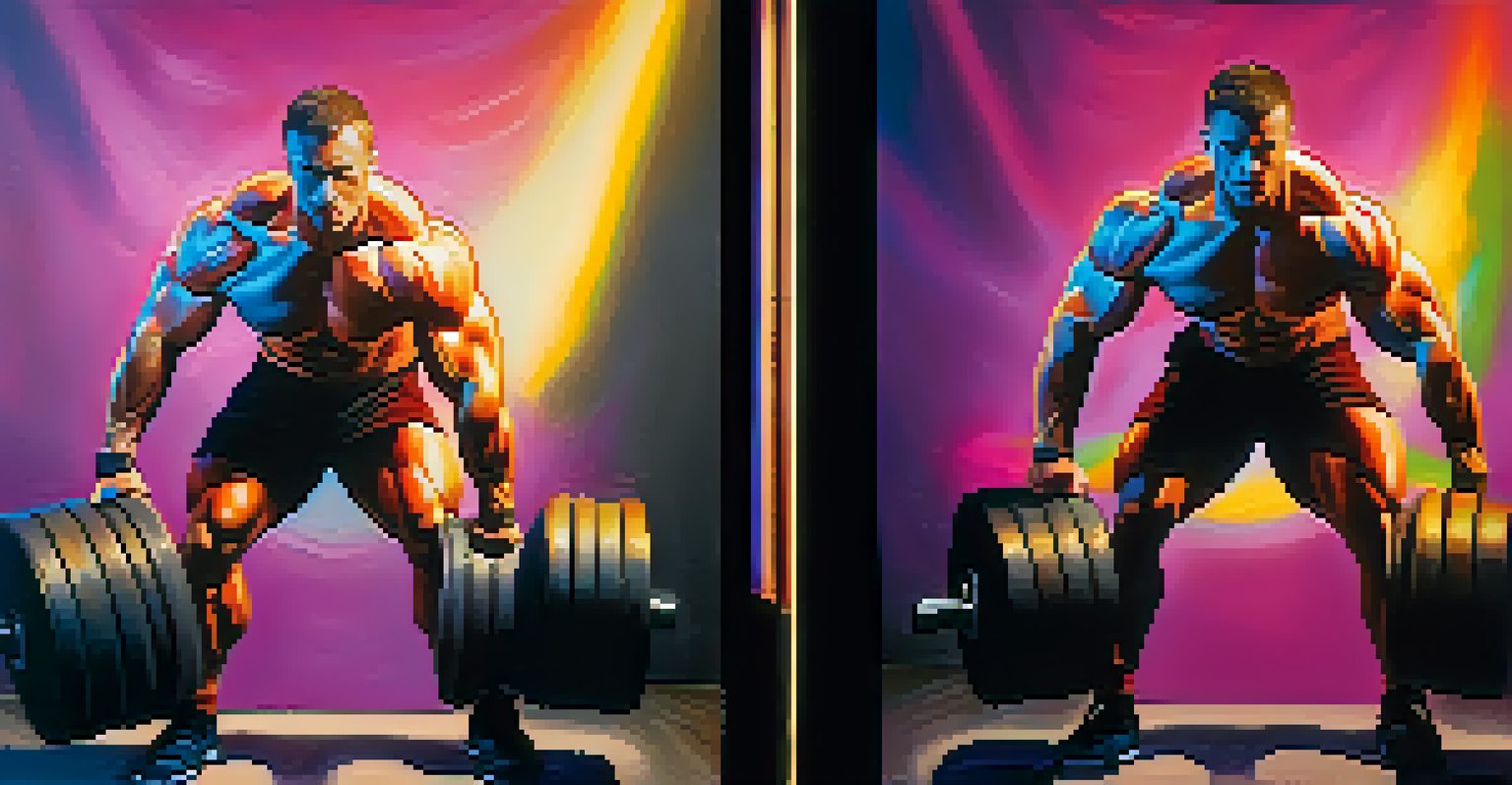 A split image of a bodybuilder struggling and then confidently lifting weights, illustrating the impact of positive affirmations.