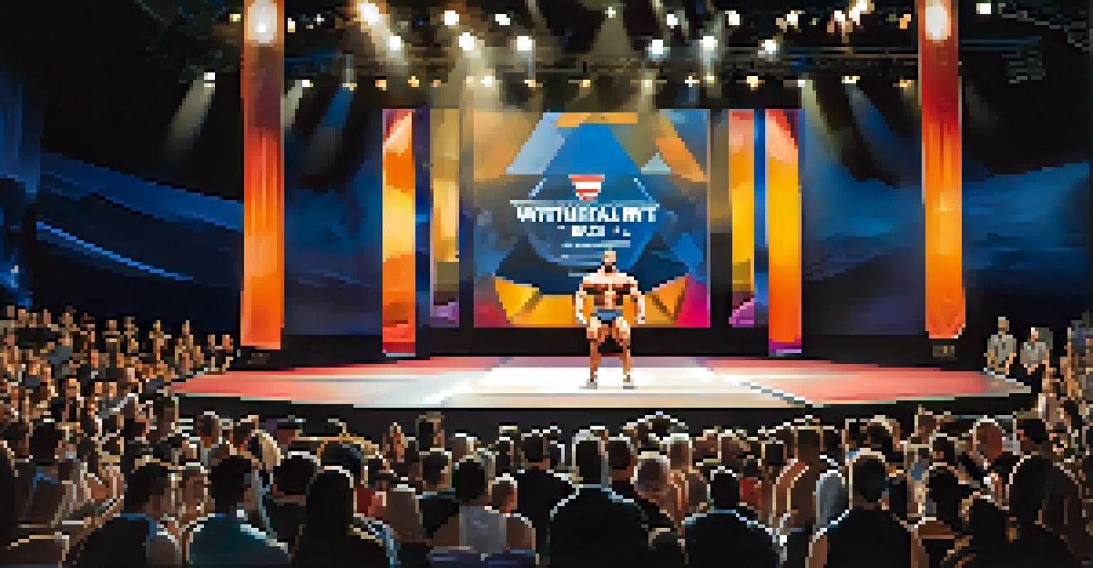 A muscular bodybuilder posing on stage under spotlight during a competition, showcasing strength and focus.