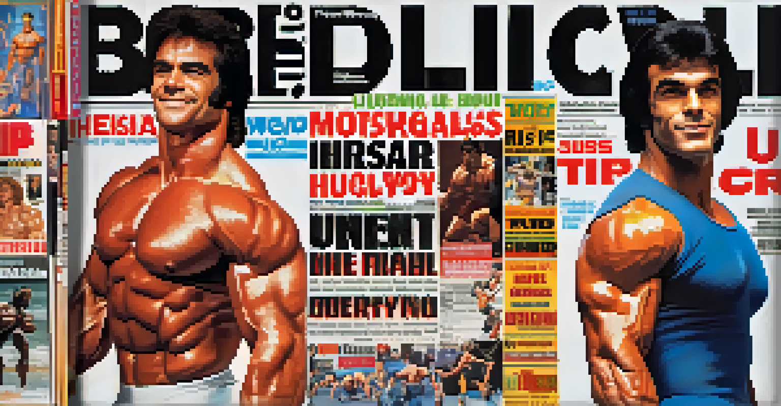 An artistic representation of a 1970s bodybuilding magazine cover featuring iconic bodybuilders and bold colors.