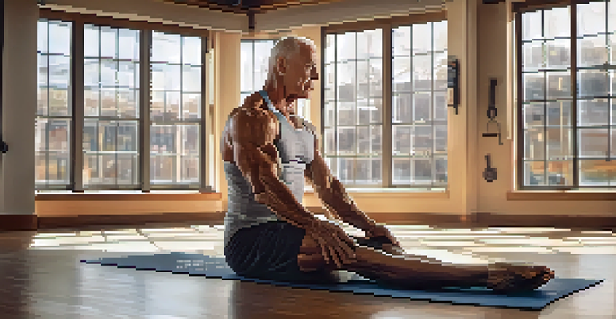 An older bodybuilder doing yoga in a bright gym with weights in the background, promoting mindfulness and recovery.