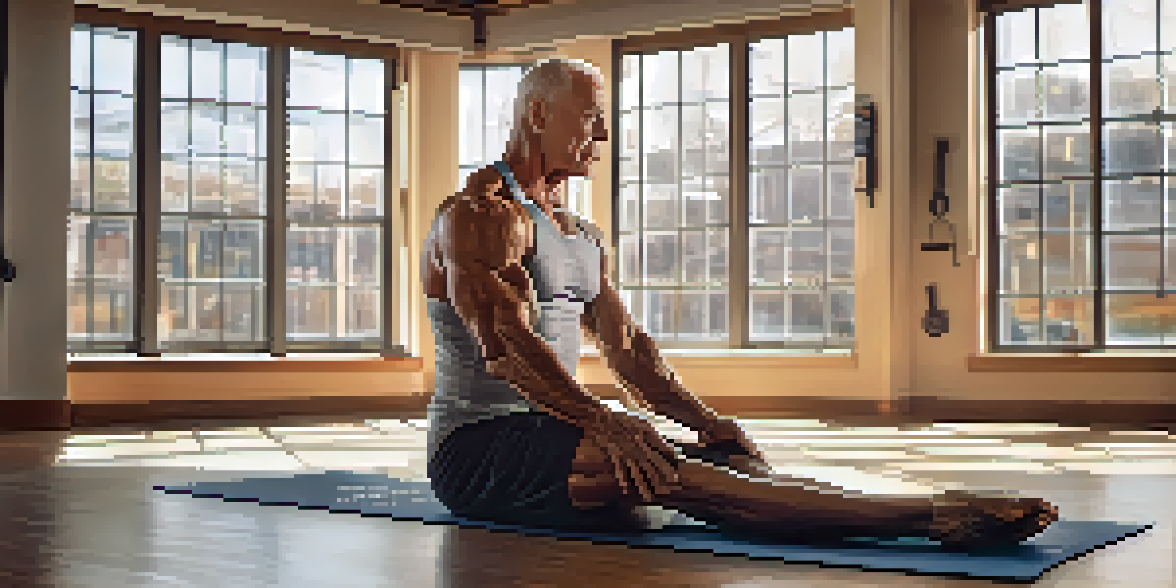 An older bodybuilder doing yoga in a bright gym with weights in the background, promoting mindfulness and recovery.