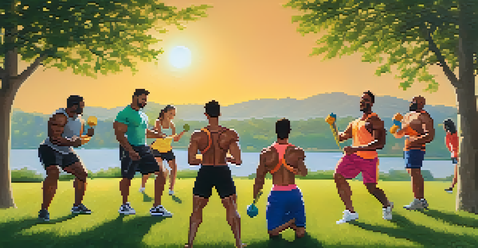 A group of friends working out with weights and resistance bands in a scenic outdoor setting.
