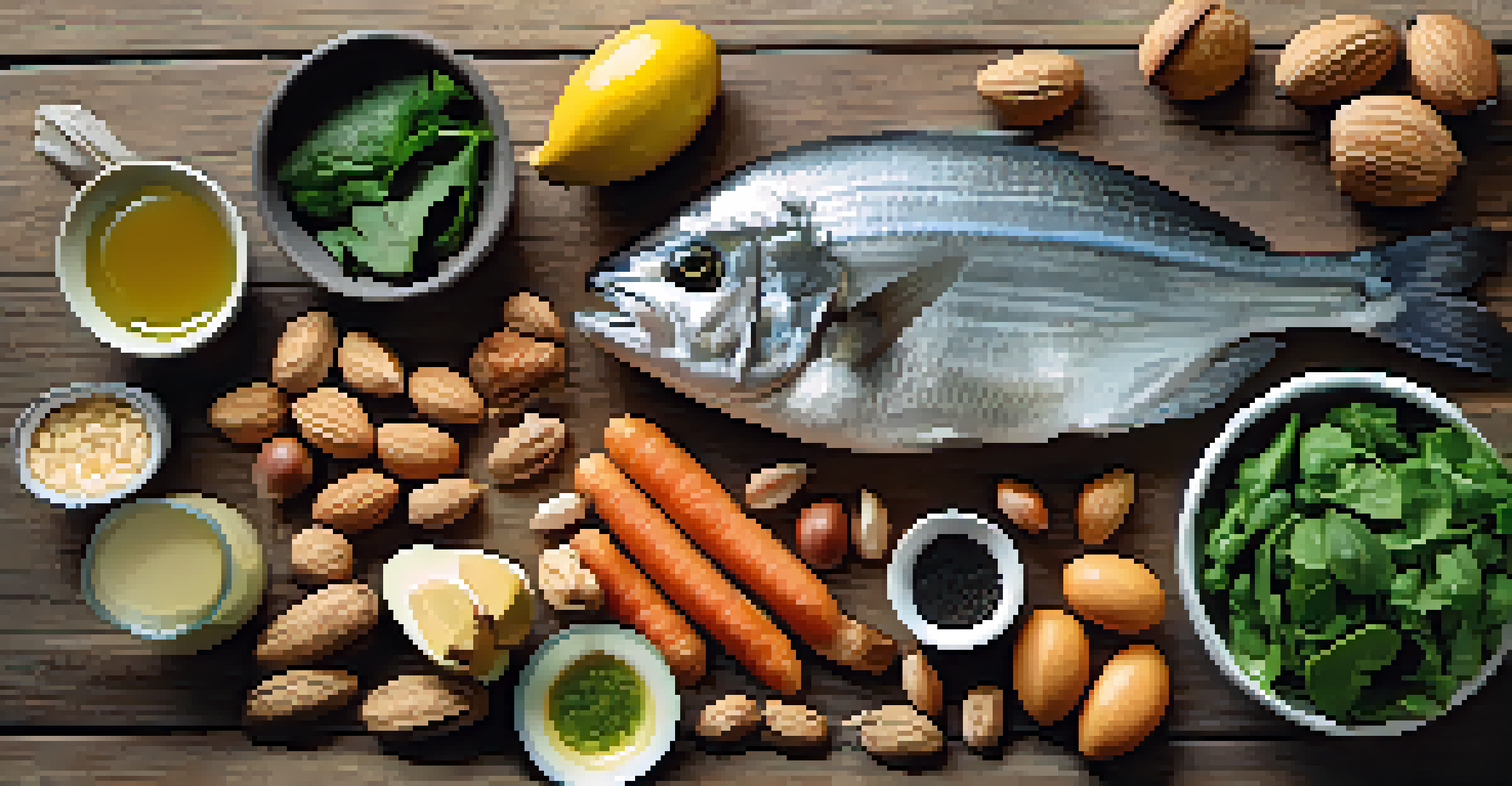 A flat lay of healthy foods like nuts, leafy greens, and fish, with a ZMA supplement bottle, arranged on a rustic surface under soft natural light.