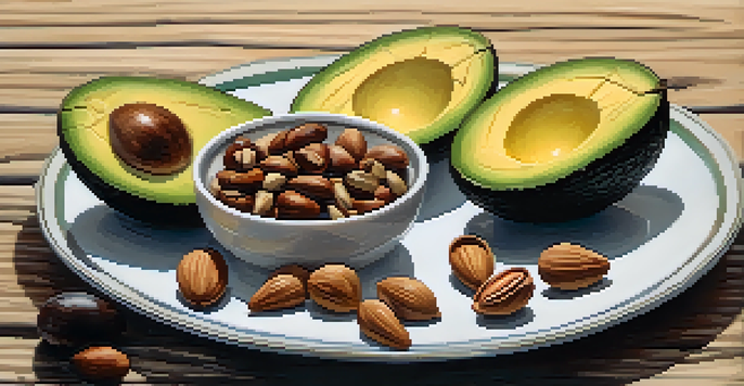 A plate with sliced avocados, mixed nuts, and a bowl of olive oil on a wooden table, illuminated with warm lighting.