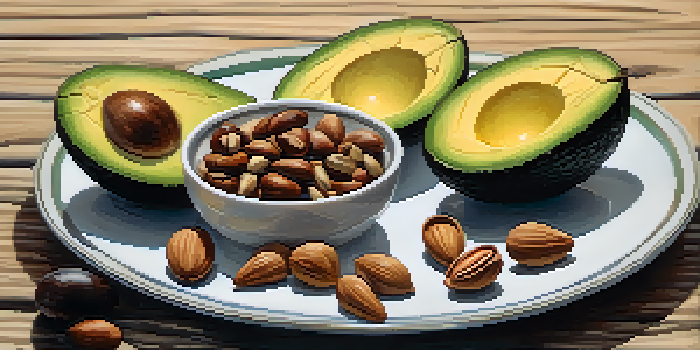 A plate with sliced avocados, mixed nuts, and a bowl of olive oil on a wooden table, illuminated with warm lighting.