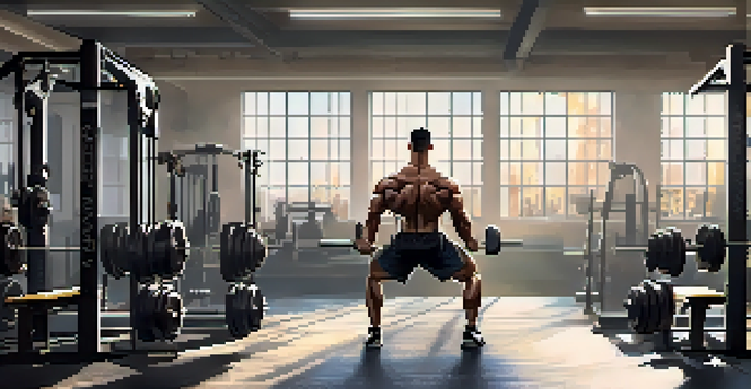 A bright and organized gym with workout equipment and a bodybuilder performing a deadlift.