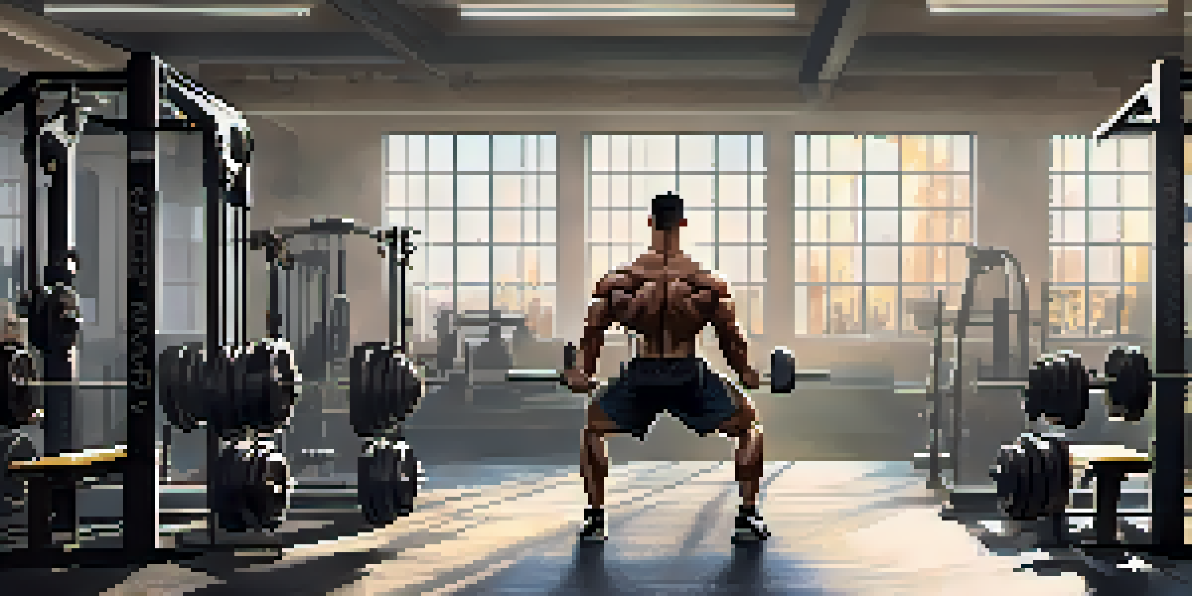 A bright and organized gym with workout equipment and a bodybuilder performing a deadlift.