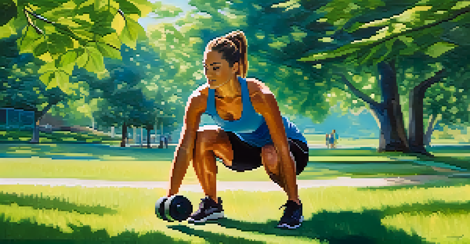 A person lifting a dumbbell outdoors, surrounded by greenery and under a bright blue sky.