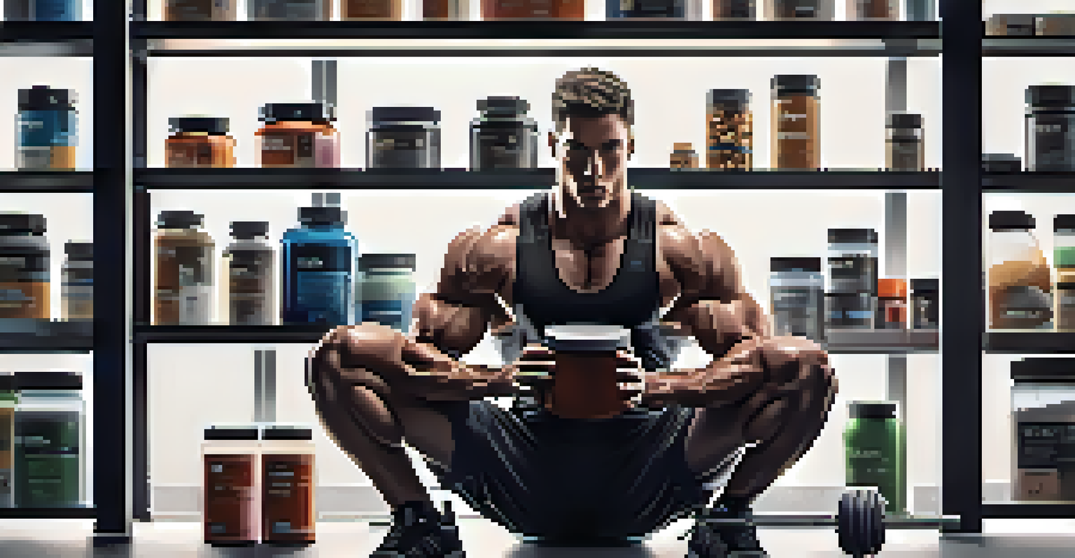 An athlete lifting weights in a gym with various supplements displayed on a shelf.