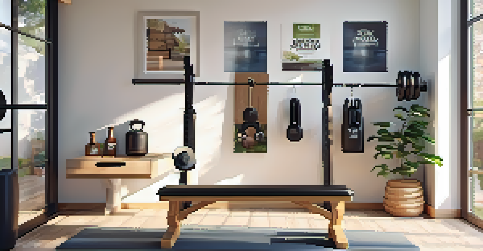 A home gym with a wooden workout bench, neatly arranged dumbbells, and a motivational poster, illuminated by soft natural light.