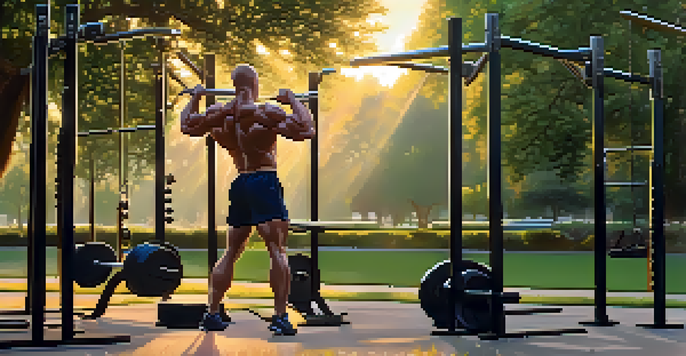 A bodybuilder lifting weights in a serene outdoor gym at sunrise, surrounded by lush trees and dew-kissed grass.
