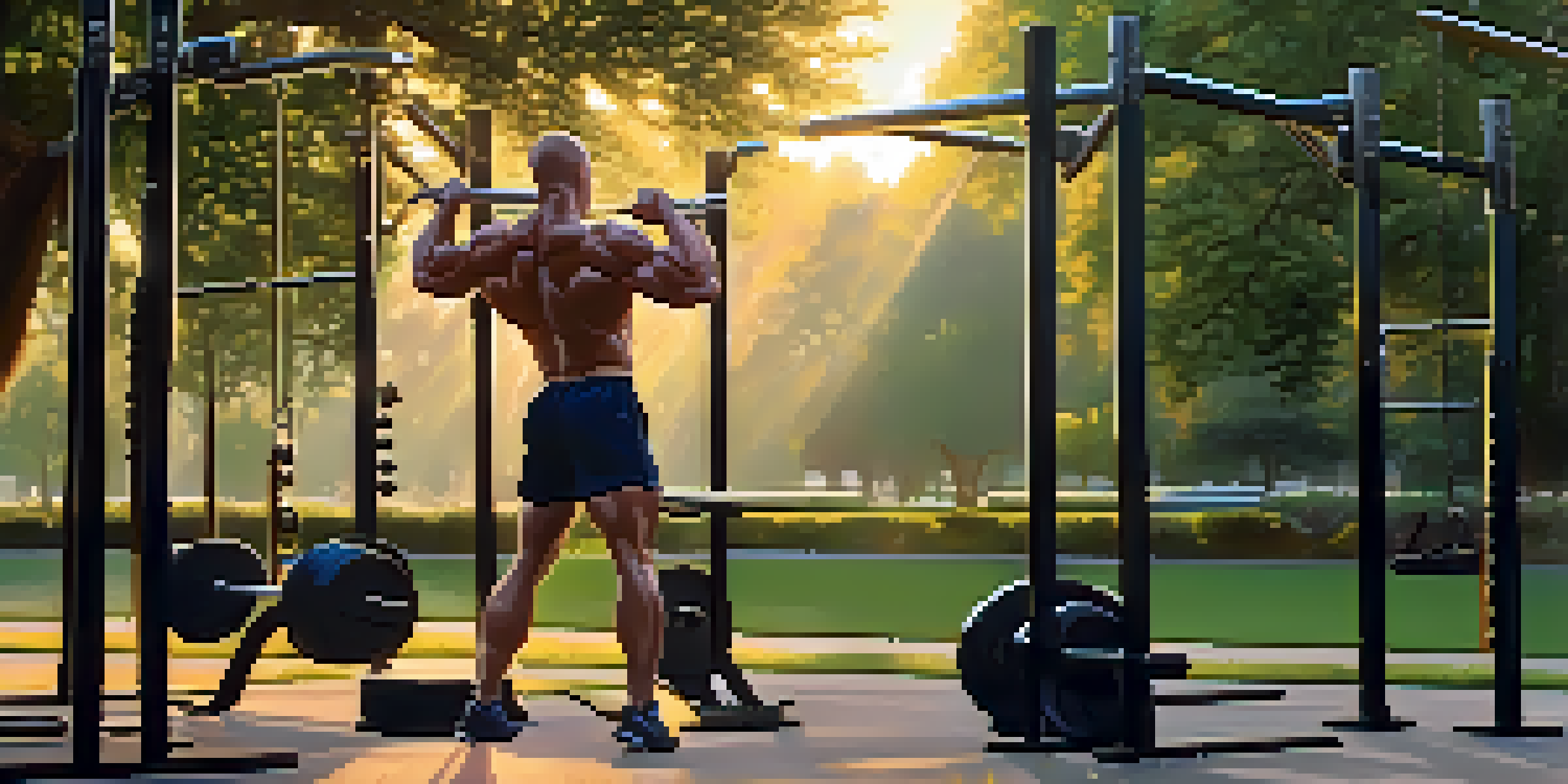 A bodybuilder lifting weights in a serene outdoor gym at sunrise, surrounded by lush trees and dew-kissed grass.