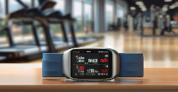 A smart wearable device on a muscular wrist showing workout metrics in a well-lit gym.