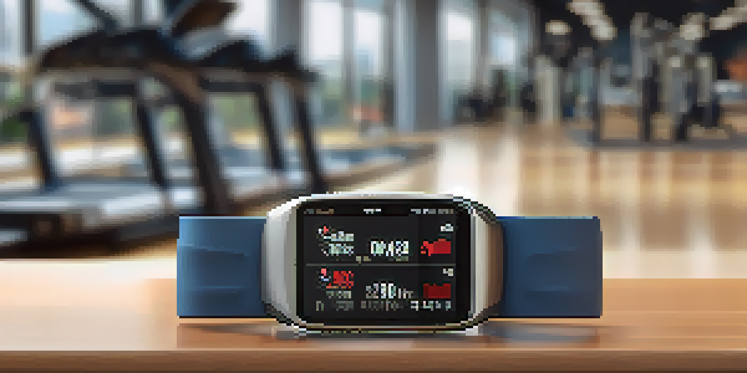 A smart wearable device on a muscular wrist showing workout metrics in a well-lit gym.