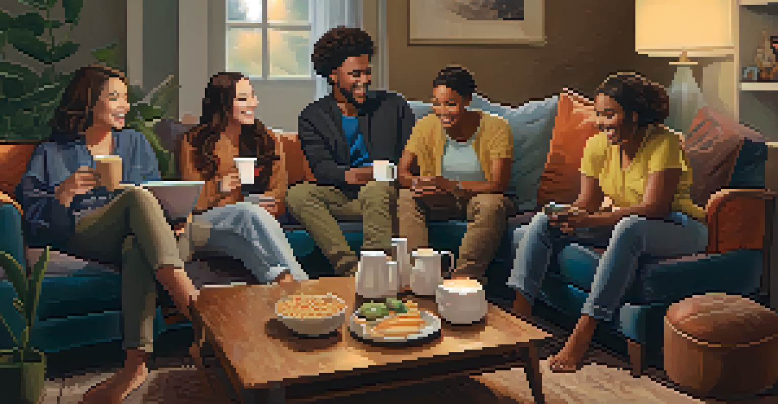 A diverse group of friends sitting together in a warm, cozy living room, sharing stories and laughing, surrounded by comfortable furniture and snacks.
