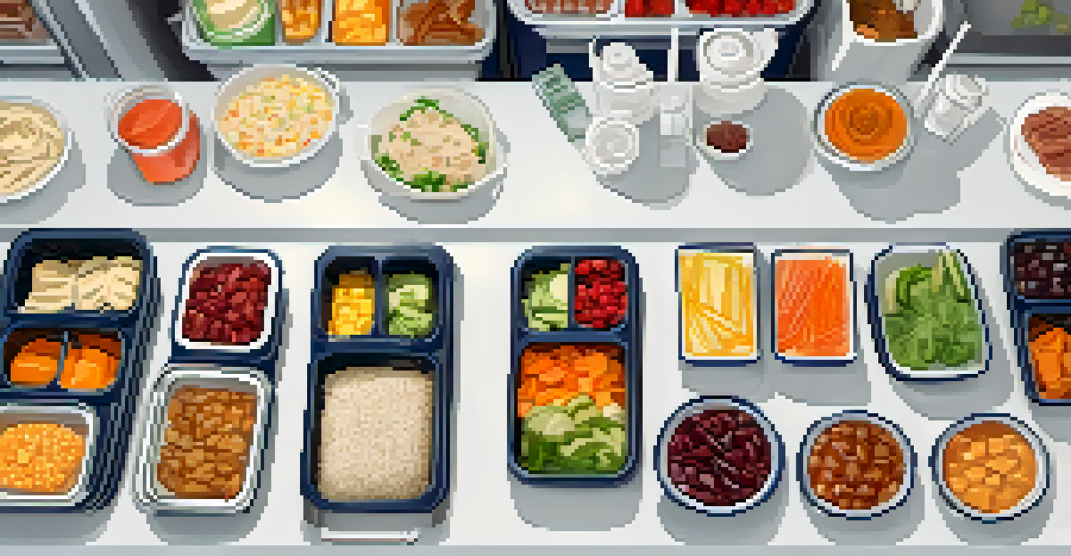 An overhead view of a meal prep station with containers filled with labeled meals, surrounded by kitchen utensils and fresh ingredients in a clean layout.
