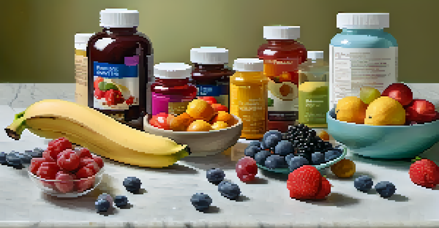 A colorful arrangement of nutritional supplements and fruits on a marble countertop, with soft lighting highlighting the textures.