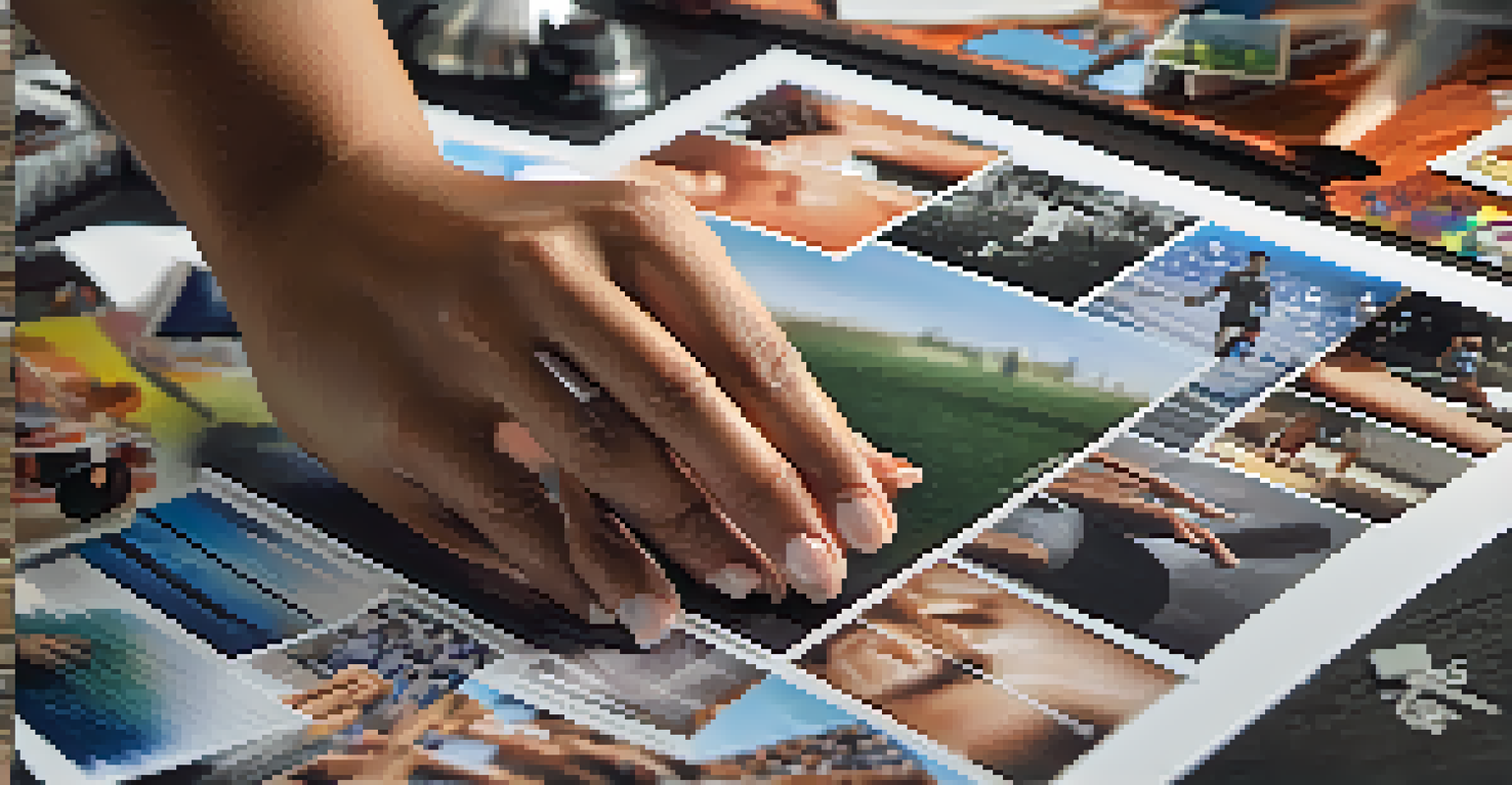 A close-up of hands arranging a vision board with images and quotes related to bodybuilding, set in a home gym environment.