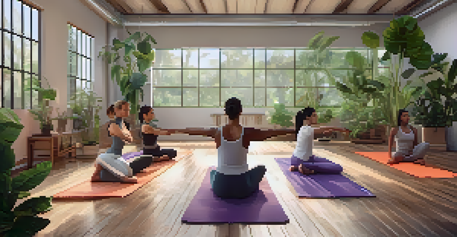 A diverse group of individuals practicing stretching in a yoga studio filled with plants and soft lighting.