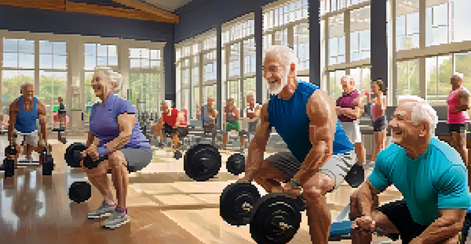 A group of older adults in a gym lifting weights, smiling, and supporting each other, with bright natural light streaming through the windows.