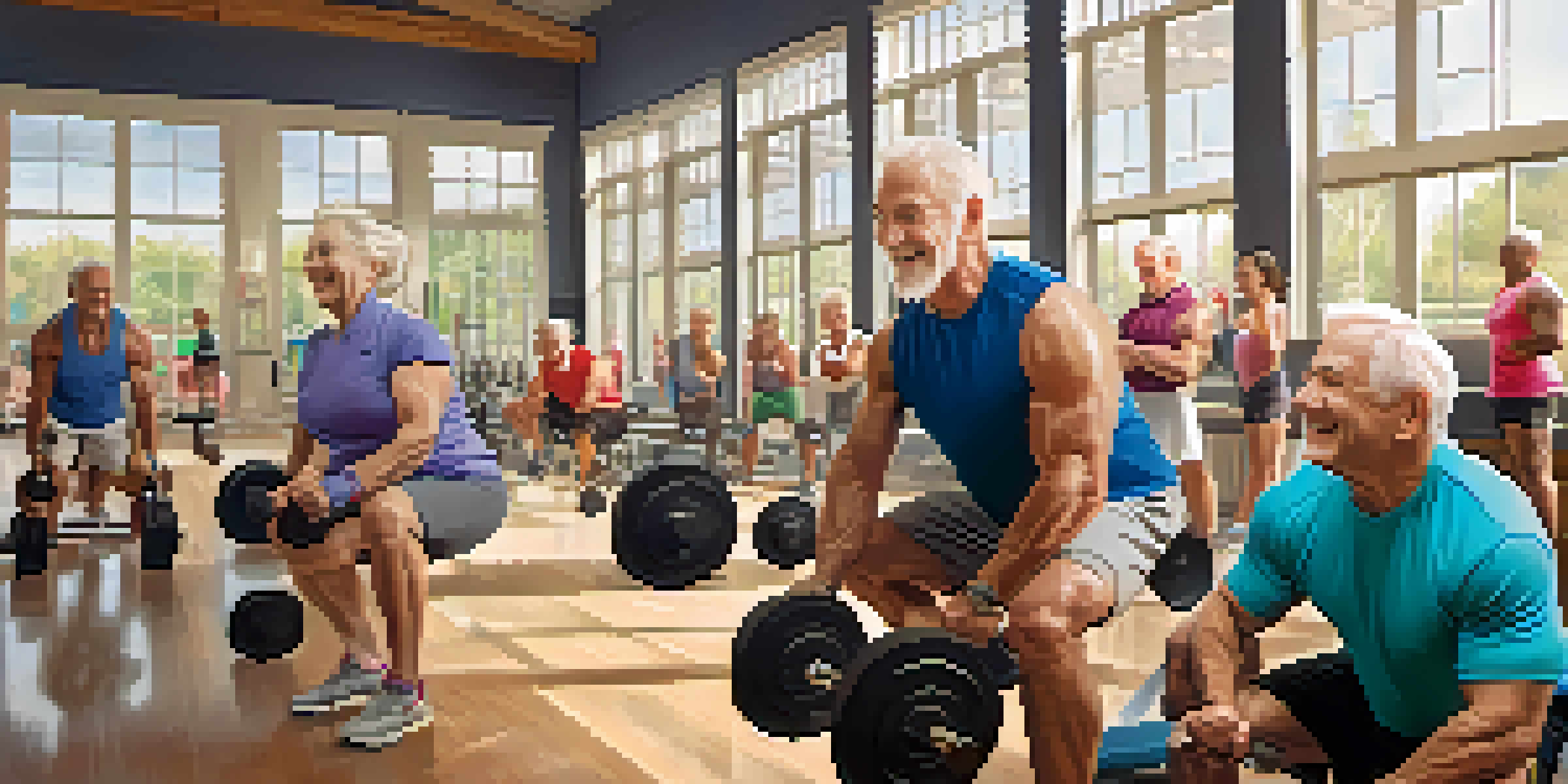 A group of older adults in a gym lifting weights, smiling, and supporting each other, with bright natural light streaming through the windows.
