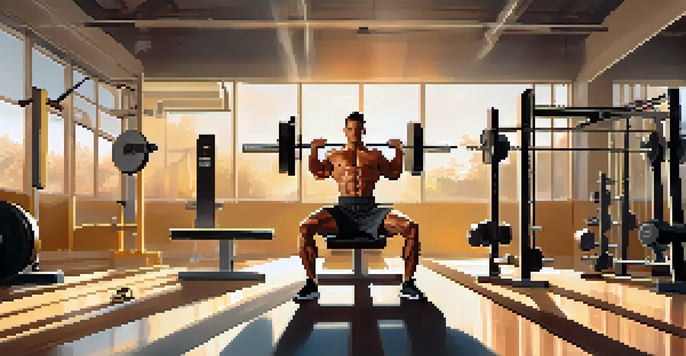 A muscular athlete lifting weights on a bench press in a bright, sunlit gym, showcasing determination and strength.