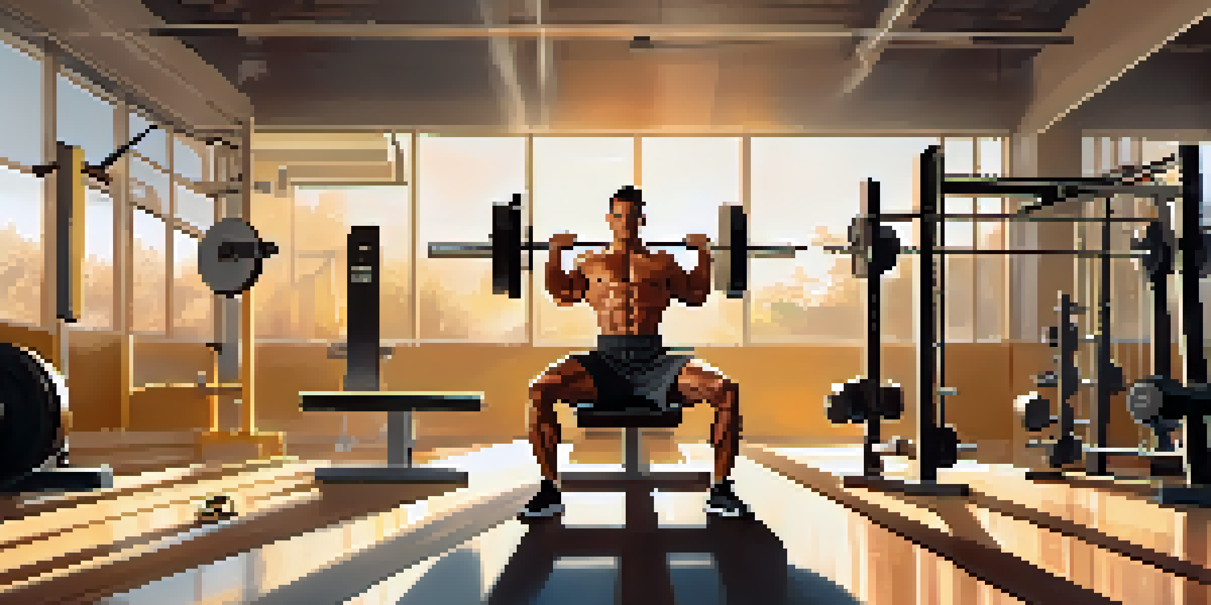 A muscular athlete lifting weights on a bench press in a bright, sunlit gym, showcasing determination and strength.