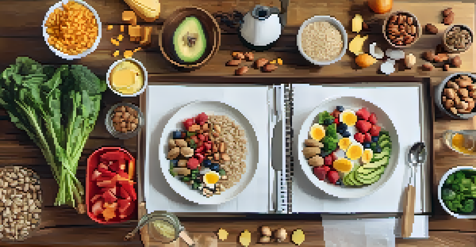 An overhead view of a weekly meal prep plan on a wooden table, surrounded by healthy food items.