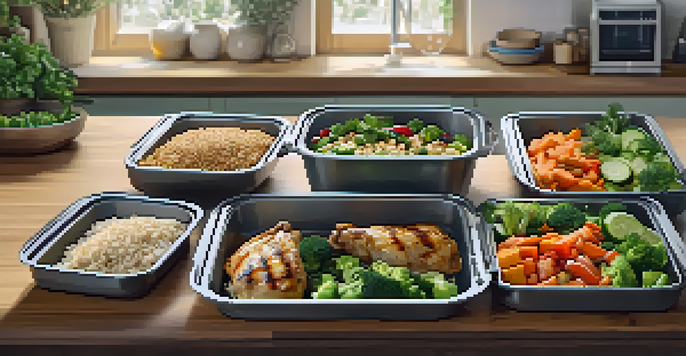 A kitchen scene with meal prep containers filled with grilled chicken, brown rice, and vegetables on a wooden countertop, illuminated by soft light.