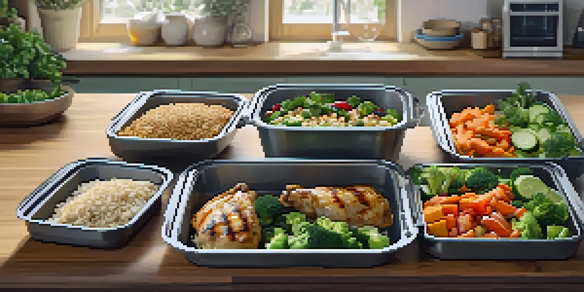 A kitchen scene with meal prep containers filled with grilled chicken, brown rice, and vegetables on a wooden countertop, illuminated by soft light.
