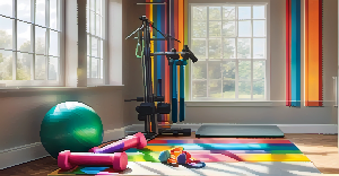 A home gym corner with colorful resistance bands, a rolled-out exercise mat, and dumbbells, illuminated by natural light.