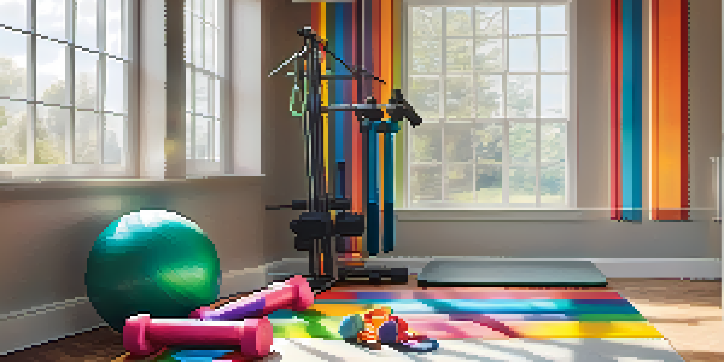 A home gym corner with colorful resistance bands, a rolled-out exercise mat, and dumbbells, illuminated by natural light.