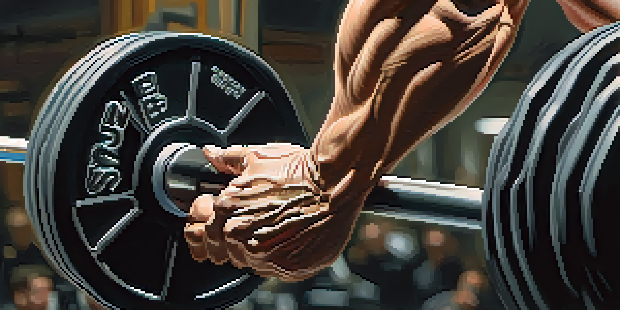 A close-up of strong hands gripping a barbell, highlighting muscle definition and sweat in a gym.
