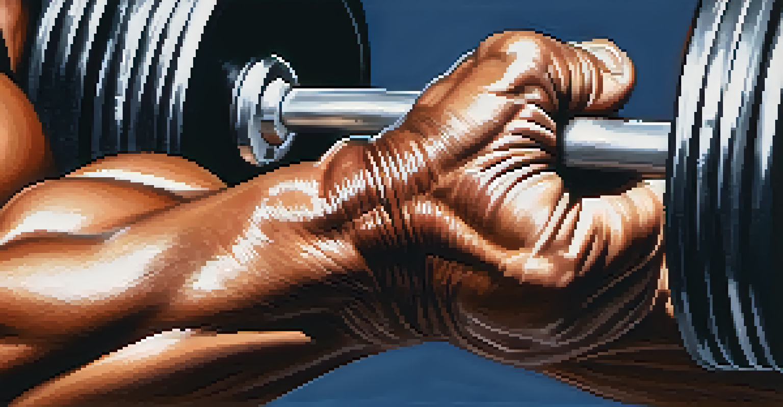 A close-up of a muscular bodybuilder's hands gripping a barbell, with sweat and defined muscles visible.