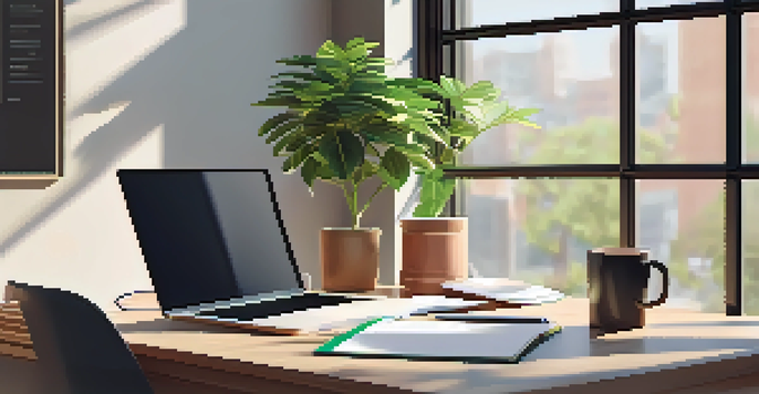 A cozy office workspace with a laptop, a notepad with goals, a cup of coffee, and a potted plant, illuminated by natural light.
