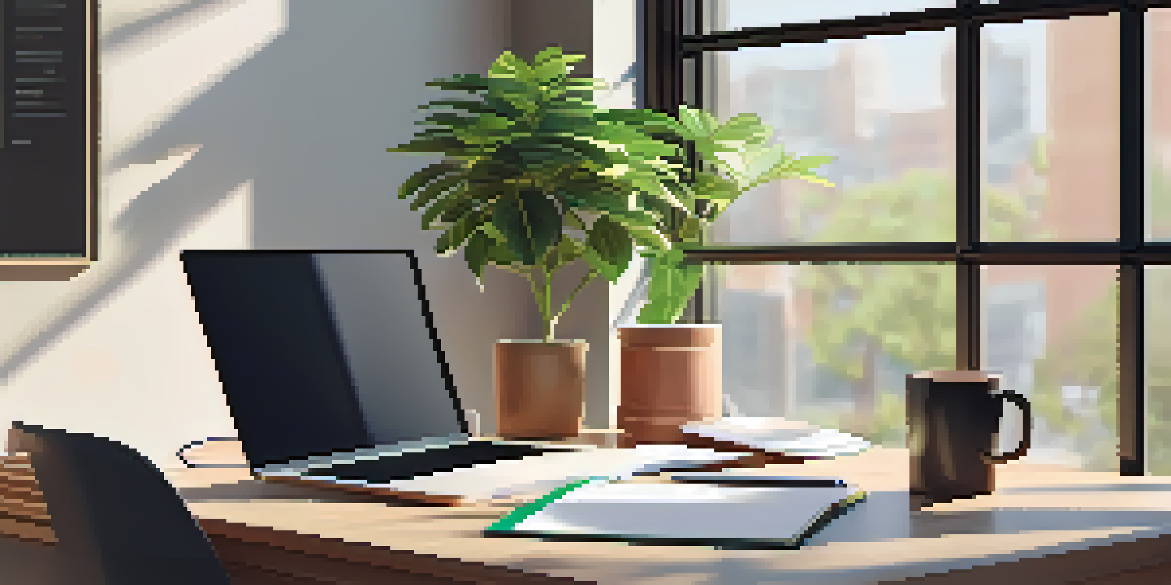 A cozy office workspace with a laptop, a notepad with goals, a cup of coffee, and a potted plant, illuminated by natural light.