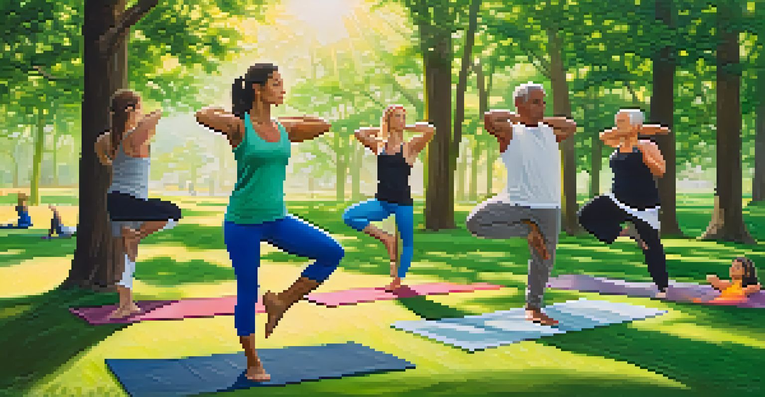 A group of diverse individuals practicing yoga and bodybuilding exercises in a green park, with sunlight filtering through the trees.