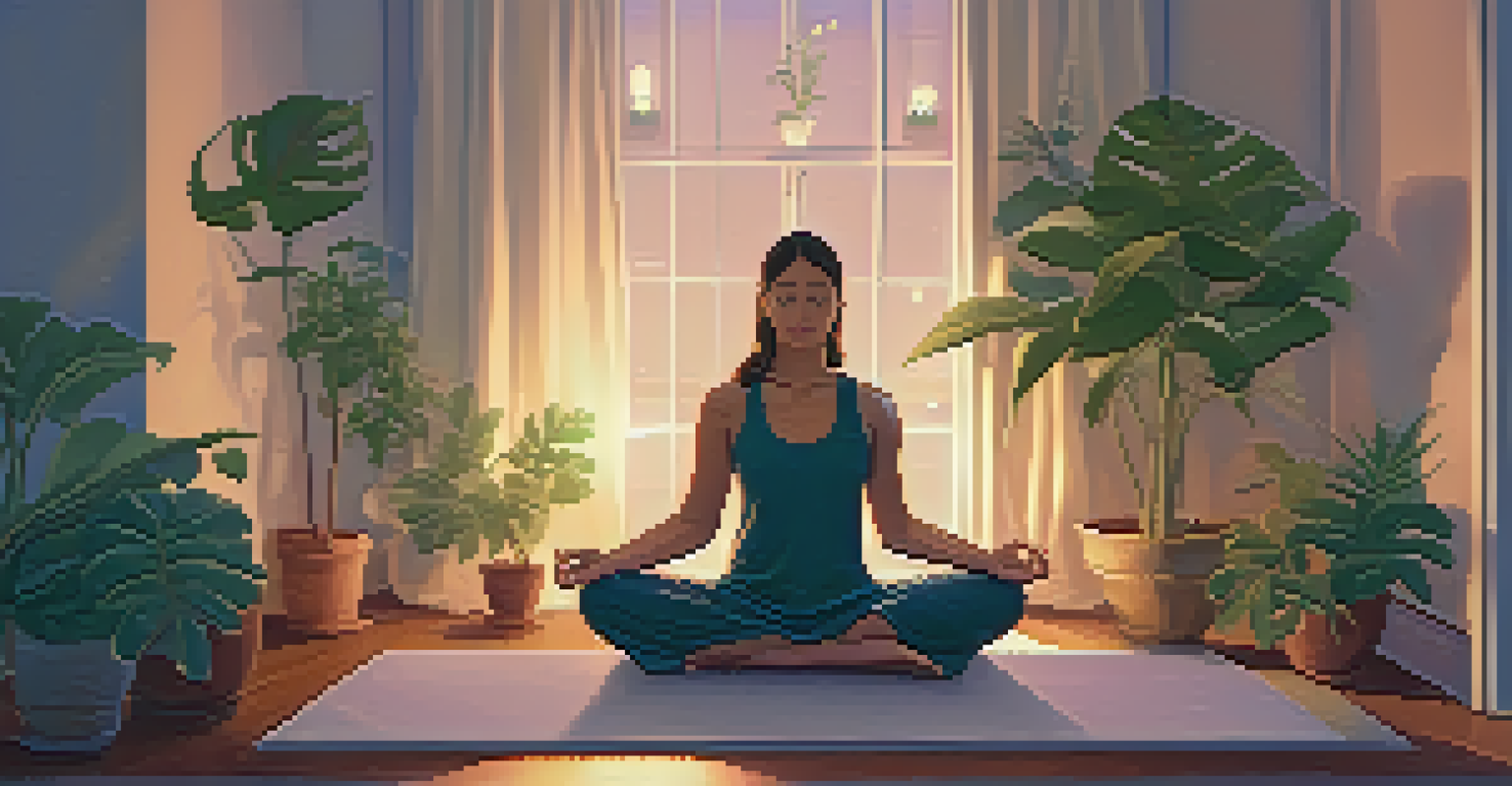 A person practicing mindfulness in a softly lit room, sitting on a yoga mat surrounded by plants and candlelight.