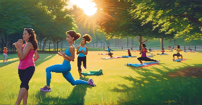 A diverse group of people practicing outdoor fitness activities, featuring a woman doing yoga and a couple jogging during sunset.