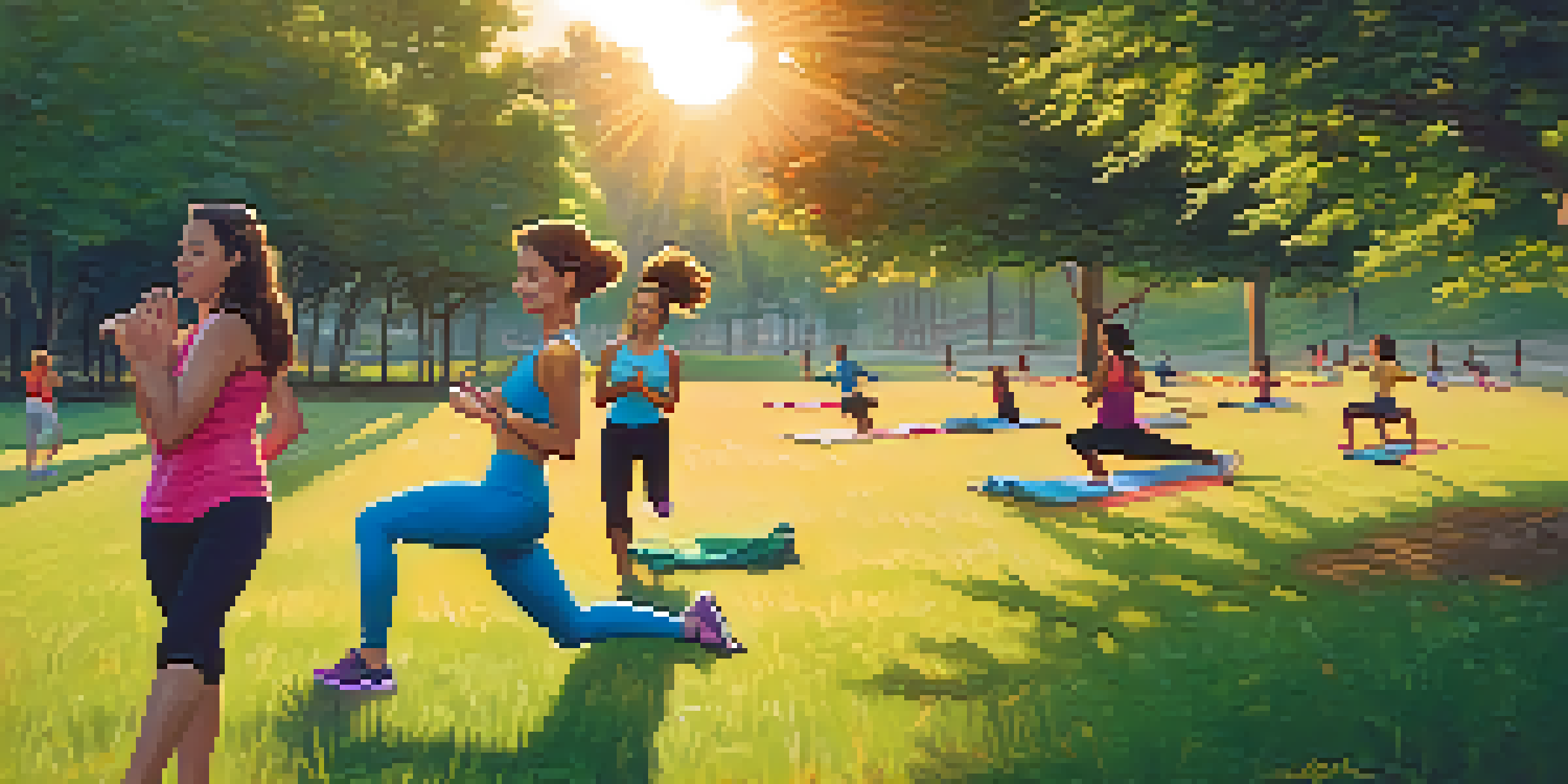 A diverse group of people practicing outdoor fitness activities, featuring a woman doing yoga and a couple jogging during sunset.