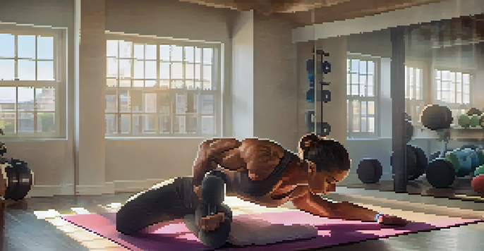 A bodybuilder using a foam roller in a home gym, focusing on their muscles with natural light illuminating the scene.