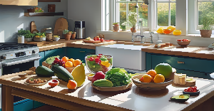 A bright kitchen filled with healthy foods including fruits, vegetables, lean meats, and healthy fats arranged on a wooden table, with natural light coming in through a window.