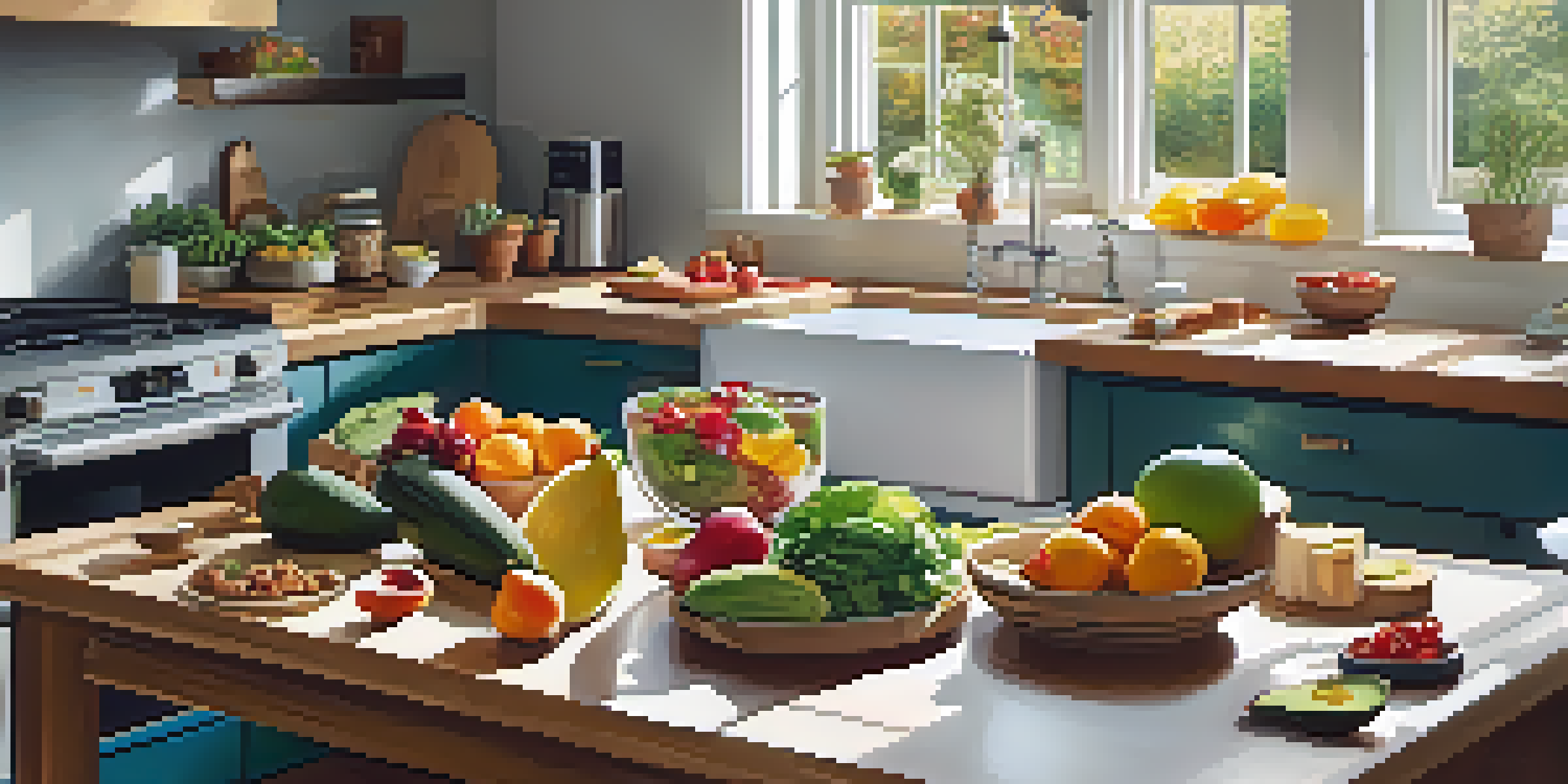 A bright kitchen filled with healthy foods including fruits, vegetables, lean meats, and healthy fats arranged on a wooden table, with natural light coming in through a window.