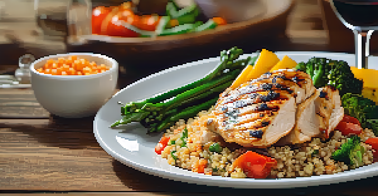 A healthy meal with grilled chicken, quinoa, and steamed vegetables presented on a rustic wooden table.