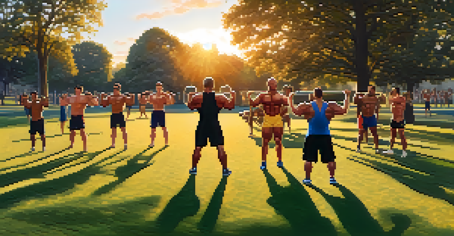 A diverse group of bodybuilders working out in a park during sunset, using resistance bands and exercising on grass.