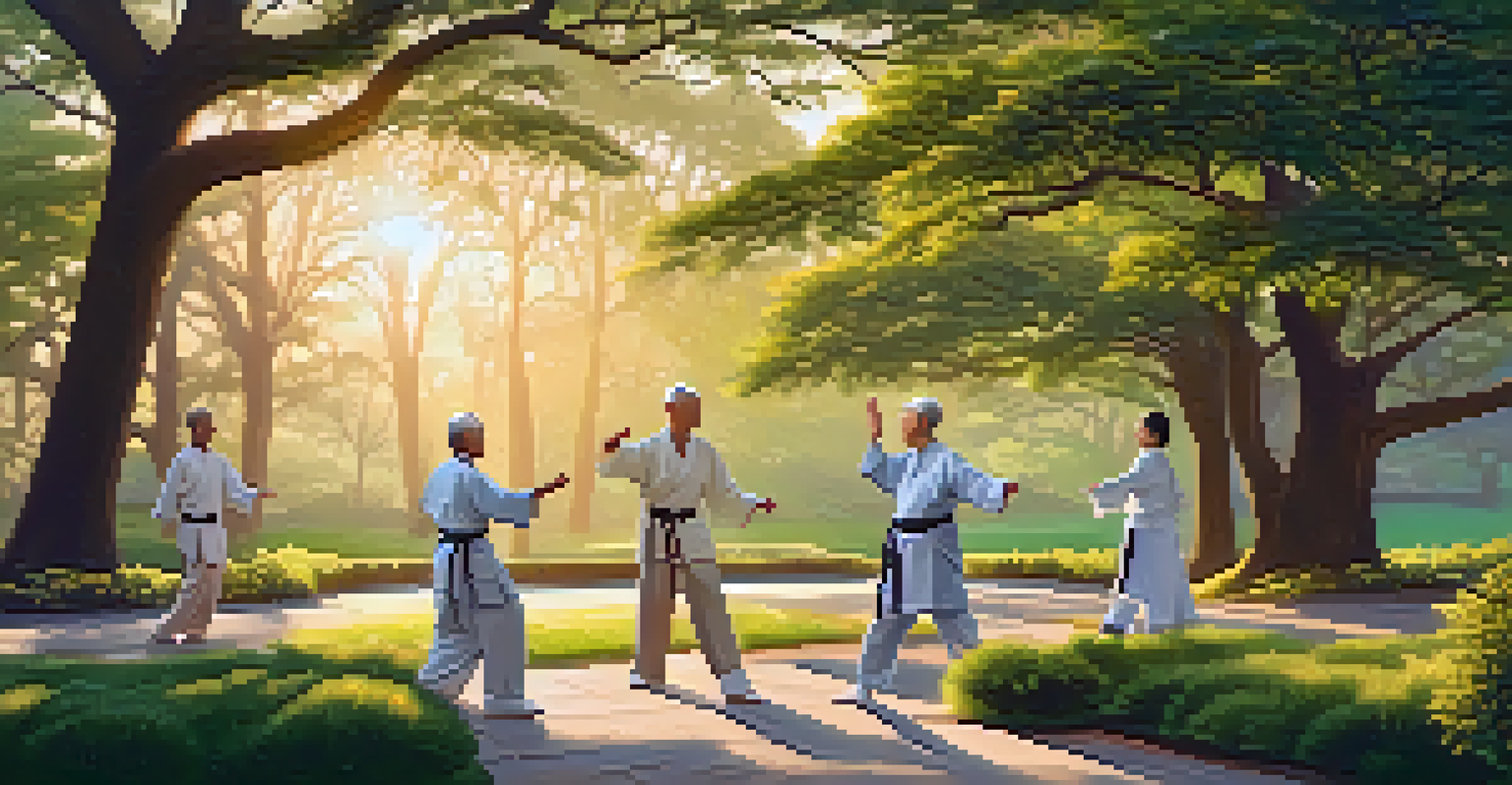 Seniors practicing tai chi in a serene park during sunset, surrounded by blooming flowers and trees, creating a peaceful atmosphere.
