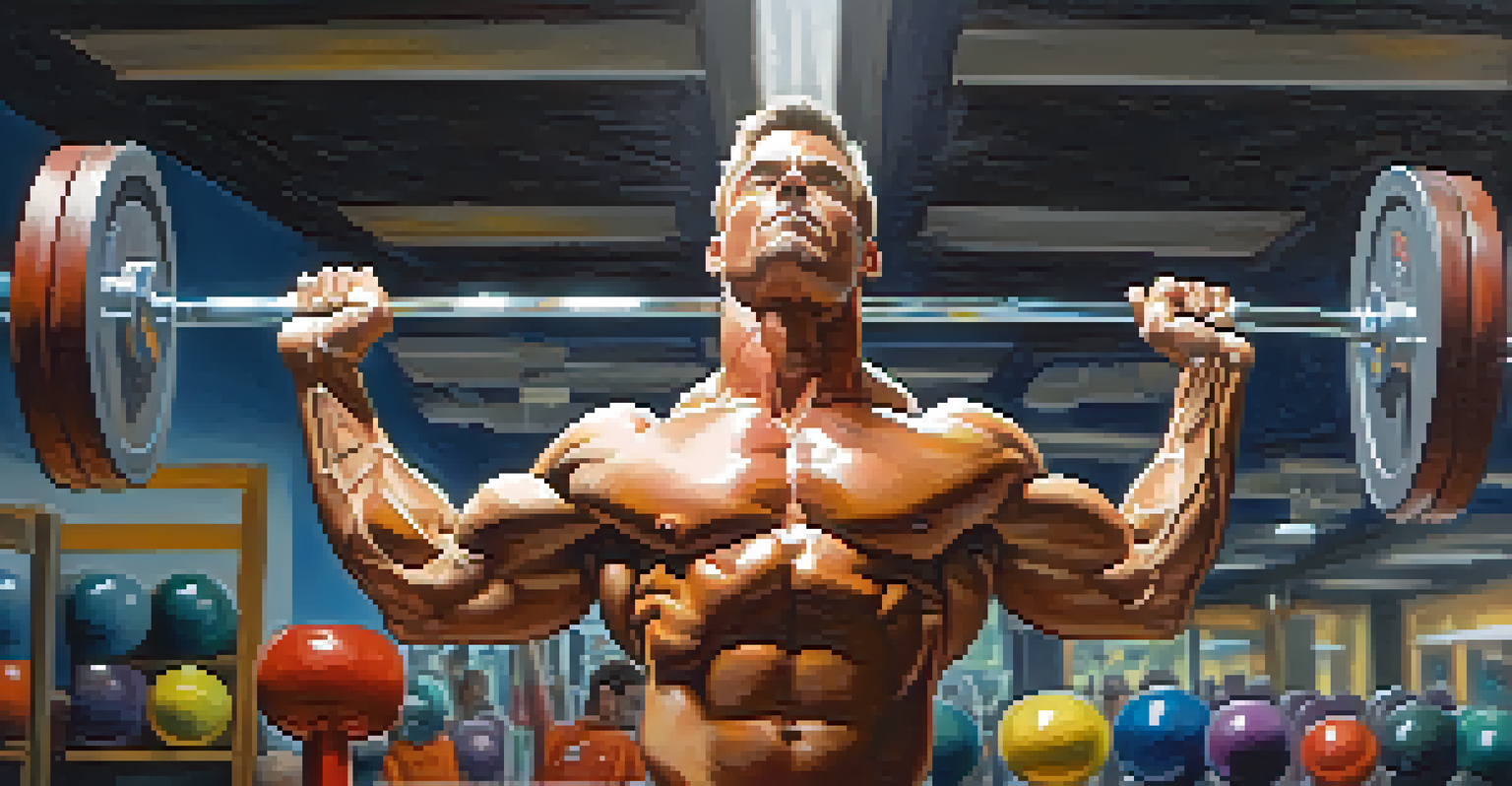 A bodybuilder lifting weights with a focused expression in a colorful gym setting.
